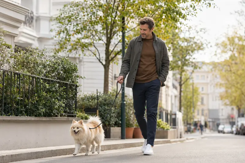 Ein Italienischer Spitz läuft angeleint mit seinem Besitzer durch eine saubere moderne Stadtstraße.
