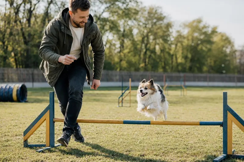 Ein Italienischer Spitz trainiert mit seinem Besitzer auf einem Hundeplatz über eine kleine Trainingshürde.
