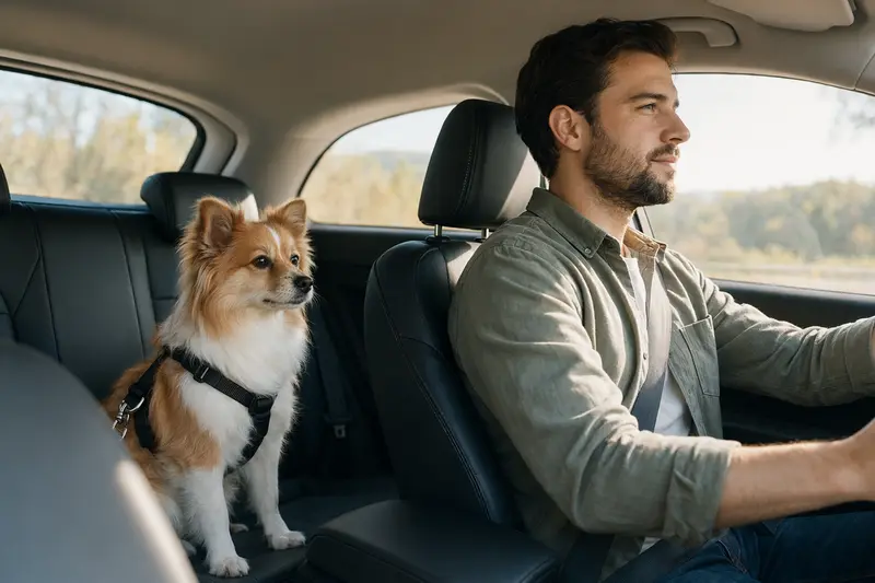 Ein Italienischer Spitz Hund sitzt sicher angeschnallt auf der Rückbank eines Autos und genießt die Fahrt.