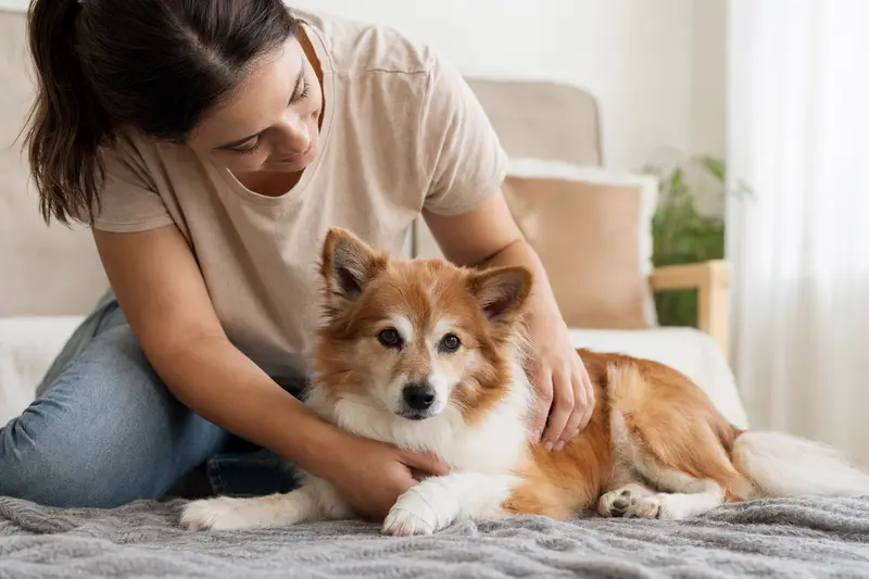 Ein Italienischer Spitz Hund mit Verband an der Pfote liegt ruhig neben seinem Besitzer in einer hellen Wohnung.