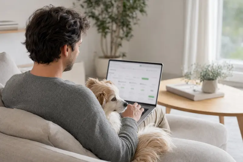 Ein Hundebesitzer sitzt entspannt mit einem Laptop auf dem Sofa, während ein Italienischer Spitz neben ihm sitzt und eine neutrale Versicherungsvergleichsseite auf dem Bildschirm angezeigt wird.