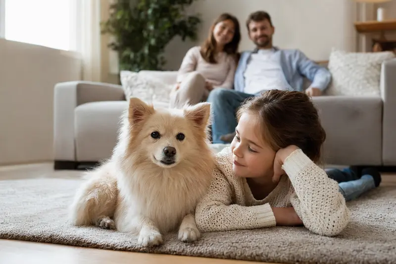 Ein freundlicher Italienischer Volpino liegt entspannt neben einem Kind im hellen Wohnzimmer, während die Eltern im Hintergrund eine sichere Familienatmosphäre schaffen.