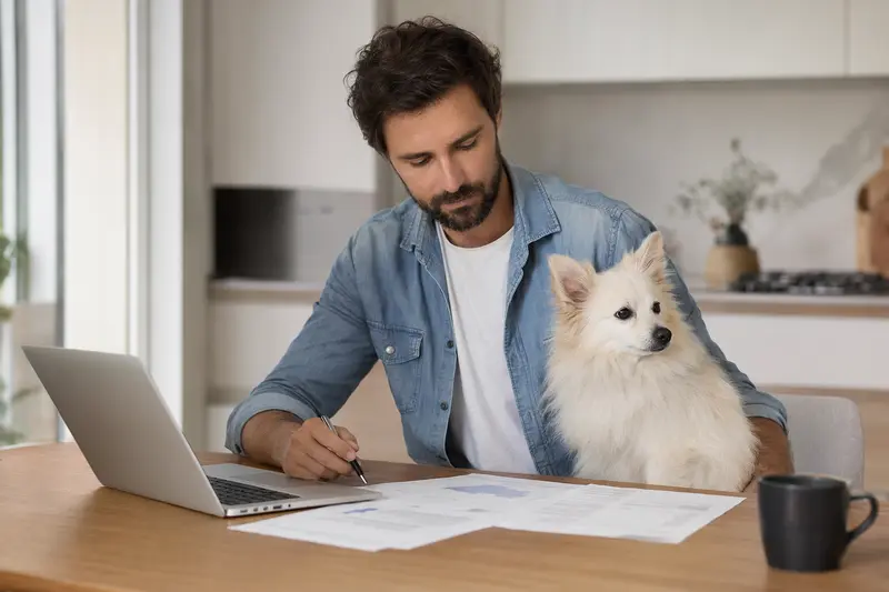 Ein italienischer Volpino Hund sitzt entspannt neben seinem Besitzer am Küchentisch mit Versicherungsunterlagen und einem Laptop zur Tierversicherung.