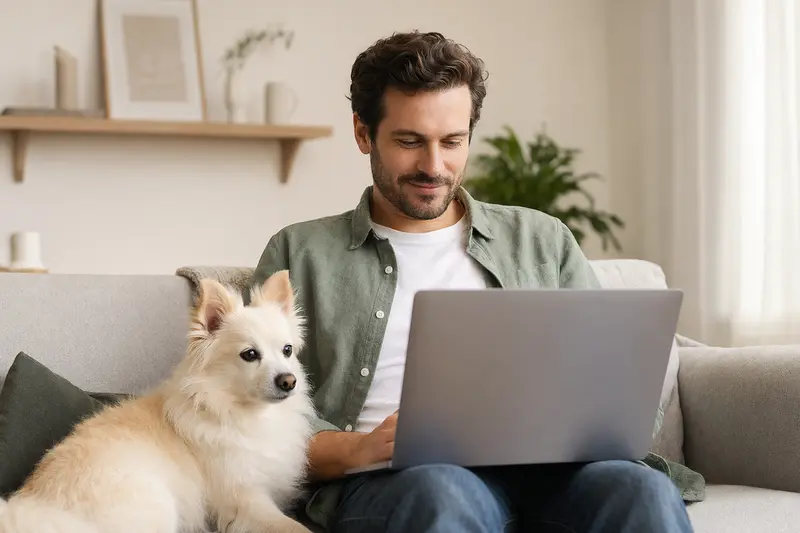 Ein Hundehalter sitzt auf dem Sofa mit einem Italienischen Volpino und einem Laptop, der eine neutrale Versicherungsvergleichsoberfläche zeigt.