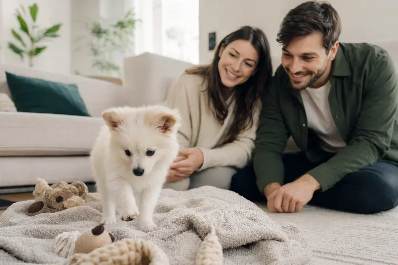 Ein neugieriger italienischer Volpino Welpe erkundet seine helle, freundliche Wohnung mit einer weichen Decke und einem Spielzeug, während eine liebevolle Familie im Hintergrund zu sehen ist.