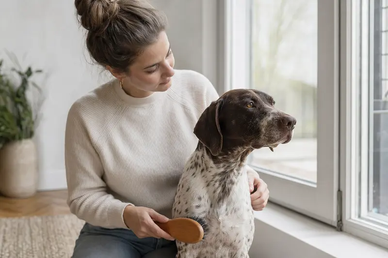 Ein Italienischer Vorstehhund wird in einer hellen Wohnung sanft gebürstet, während sein Besitzer liebevoll die Fellpflege übernimmt.