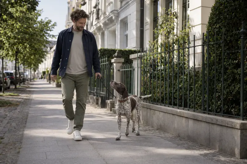 Ein Italienischer Vorstehhund läuft an der Leine mit seinem Besitzer durch eine moderne Stadtstraße.