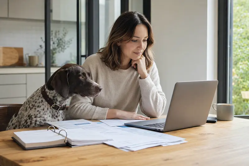 Ein italienischer Vorstehhund sitzt ruhig neben seinem Besitzer an einem Küchentisch mit Versicherungsunterlagen und einem Laptop.