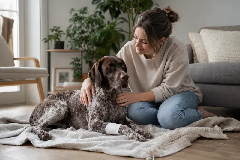 Ein italienischer Vorstehhund mit leichtem Verband an der Pfote liegt entspannt auf einer Decke neben seinem erleichterten Besitzer.