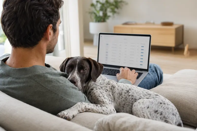 Ein Besitzer sitzt mit Laptop auf dem Sofa, während ein Italienischer Vorstehhund daneben liegt und sie eine Versicherungsvergleichsseite anschauen.