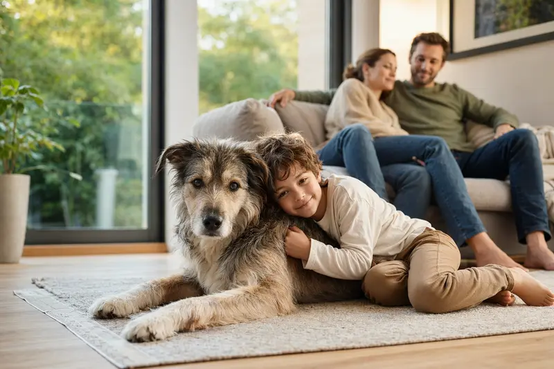 Ein Italienischer Wolfhund liegt entspannt neben einem Kind im hellen Wohnzimmer, während die Eltern im Hintergrund eine sichere Familienatmosphäre vermitteln.