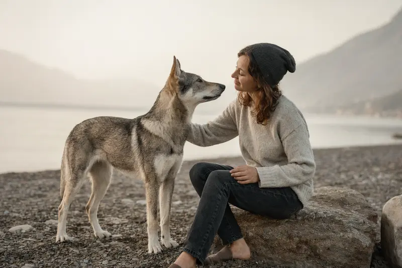 Ein aufmerksamer Italienischer Wolfhund steht in natürlicher Haltung vor hellem Hintergrund in einem realistischen Tierportrait.