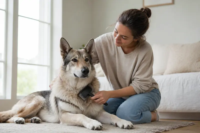 Ein Italienischer Wolfhund wird zuhause sanft gebürstet, während sein Besitzer die Fellpflege liebevoll und ruhig übernimmt.