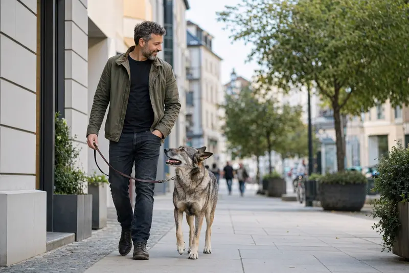 Ein Italienischer Wolfhund läuft an der Leine mit seinem Besitzer durch eine moderne Stadtstraße.