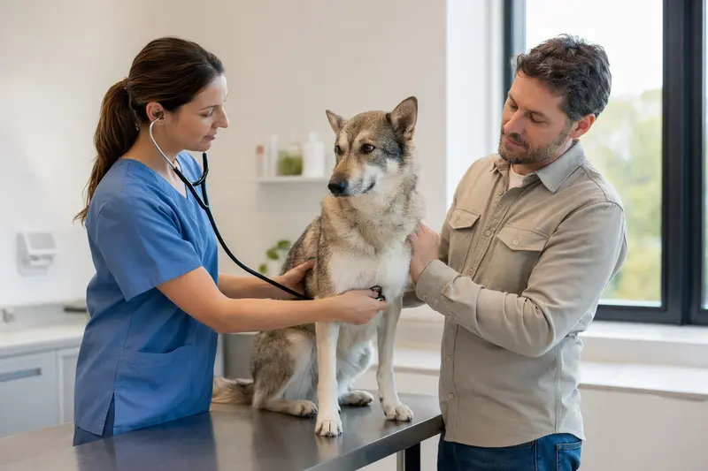 Ein ruhiger Italienischer Wolfhund wird von einer freundlichen Tierärztin mit einem Stethoskop in einer modernen Tierarztpraxis untersucht.