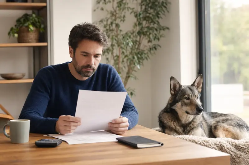 Ein Hundehalter sitzt mit Tierarztrechnung am Tisch, während ein entspannter Italienischer Wolfhund auf einer Decke neben ihm liegt, als ruhige Szene zum Thema Hundekrankenversicherung.
