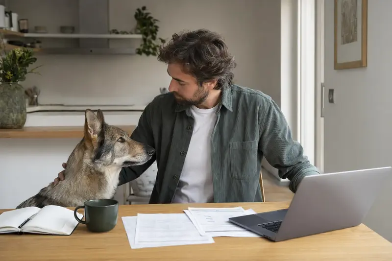 Ein Italienischer Wolfhund sitzt entspannt neben seinem Besitzer am Küchentisch, wo Versicherungsunterlagen und ein Laptop liegen.