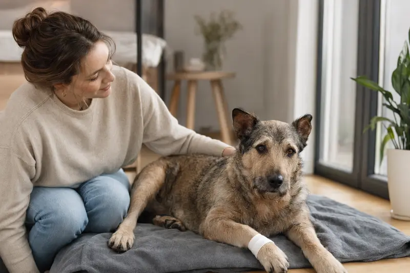 Ein Italienischer Wolfhund entspannt sich mit leichtem Verband an der Pfote in einer hellen Wohnung, während sein Besitzer neben ihm sitzt und erleichtert wirkt.