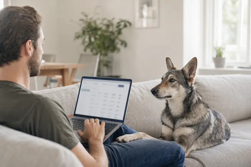 Ein Besitzer mit einem Laptop auf dem Sofa, neben ihm ein Italienischer Wolfhund, während er einen Versicherungvergleich für Tierarztkosten durchführt.