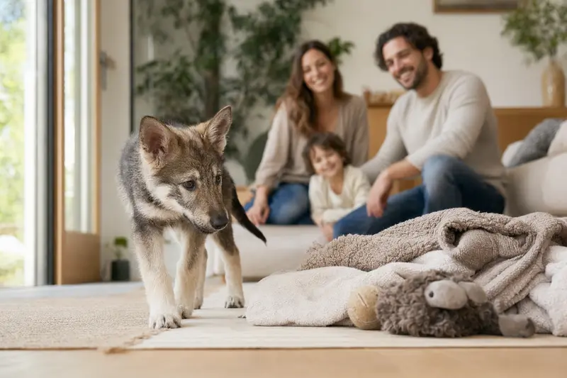 Ein neugieriger Italienischer Wolfhund Welpe erkundet sein neues Zuhause mit einer weichen Decke und Spielzeug, während seine liebevolle Familie im Hintergrund zu sehen ist.