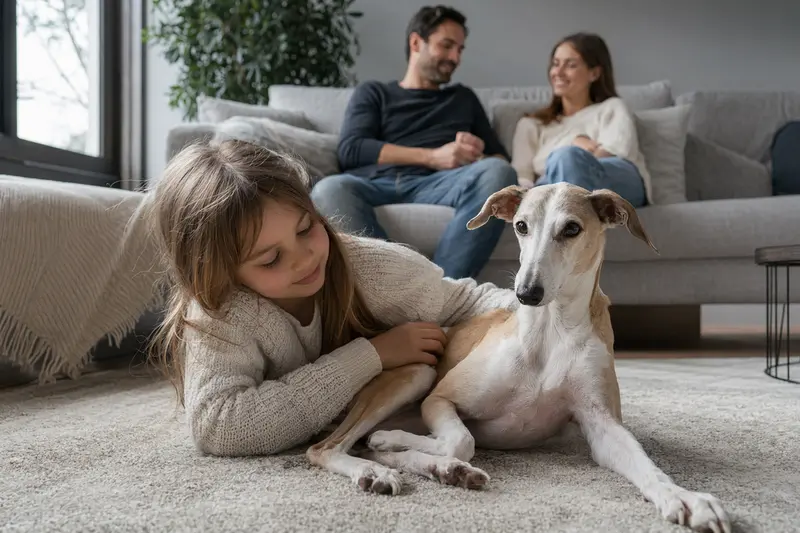 Ein Italienisches Windspiel liegt entspannt neben einem Kind im Wohnzimmer, während die Eltern im Hintergrund für eine warme Familienatmosphäre sorgen.