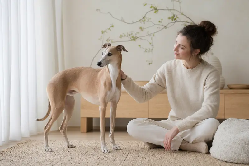 Italienisches Windspiel in aufmerksamer Haltung vor hellem Hintergrund, als realistisches Hundeportrait im edlen Ratgeberstil.