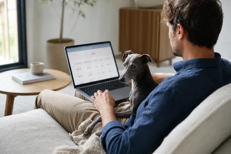 Ein Hundebesitzer sitzt mit seinem Italienischen Windspiel auf dem Sofa und vergleicht online Tierkrankenversicherungen.