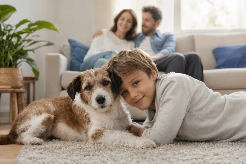 Ein entspannter Jack Russell Terrier liegt neben einem Kind im hellen Wohnzimmer, während die Eltern im Hintergrund eine sichere Familienatmosphäre schaffen.