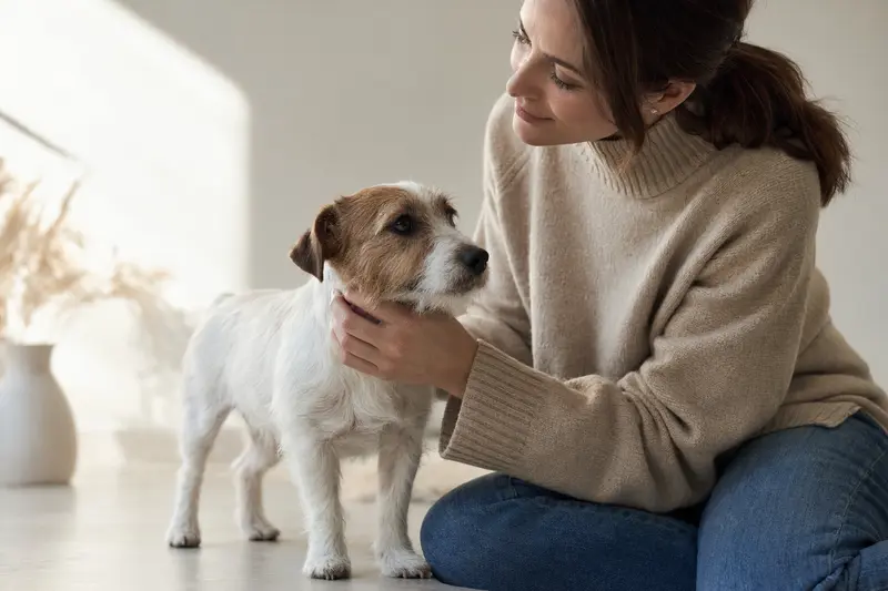 Aufmerksamer Jack Russell Terrier in natürlicher Haltung vor hellem Hintergrund, als realistisches Hundeporträt mit Bezug zu Hundegesundheit und Versicherung.