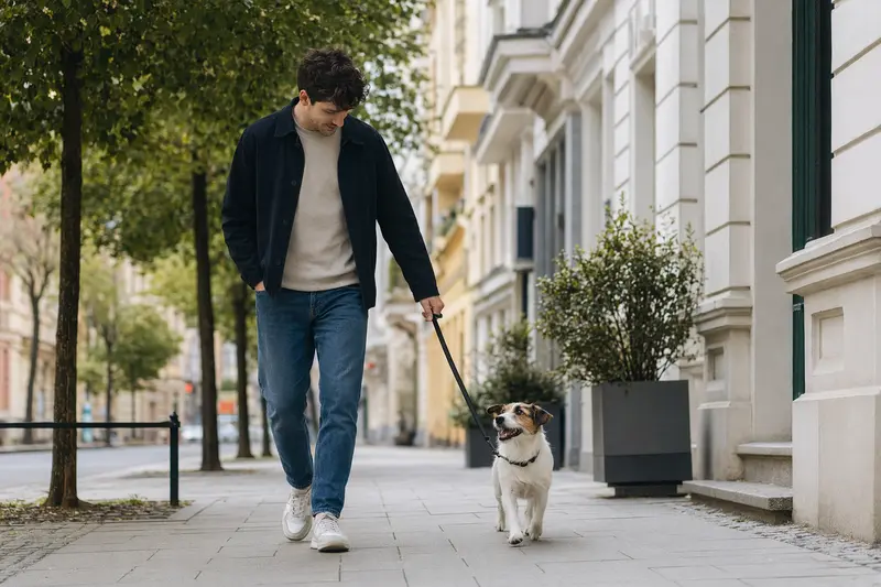 Ein Jack Russell Terrier läuft an der Leine mit seinem Besitzer durch eine moderne Stadtstraße.