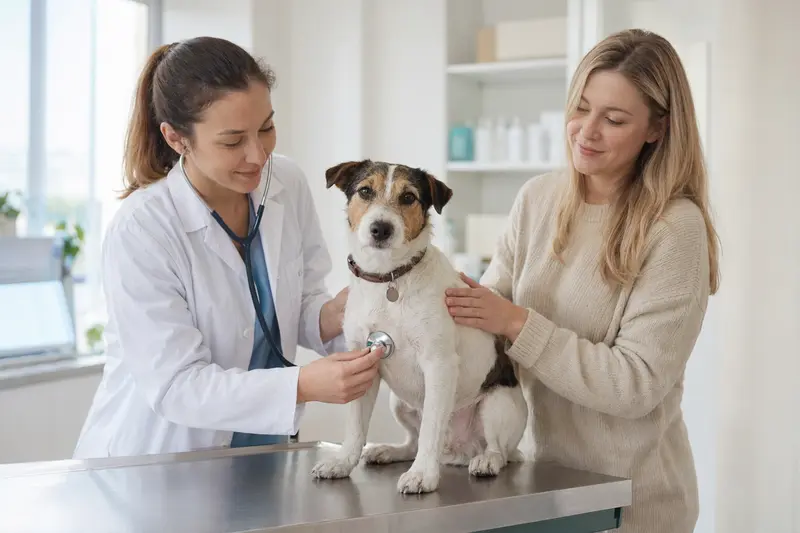 Ein ruhiger Jack Russell Terrier wird von einer freundlichen Tierärztin in einer modernen Praxis untersucht.