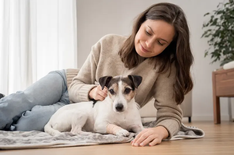 Ein Jack Russell Terrier mit Verband liegt entspannt neben einem erleichterten Besitzer auf einer Decke in einer hellen Wohnung.