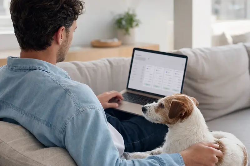Ein Hundebesitzer arbeitet mit einem Laptop auf dem Sofa, während ein Jack Russell Terrier entspannt daneben sitzt, exemplifiziert die einfache Entscheidungsfindung zu Tierversicherungen.