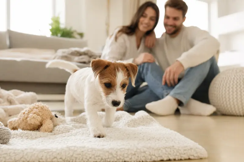 Ein neugieriger Jack Russell Terrier Welpe erkundet seine neue Umgebung mit weicher Decke und Spielzeug.
