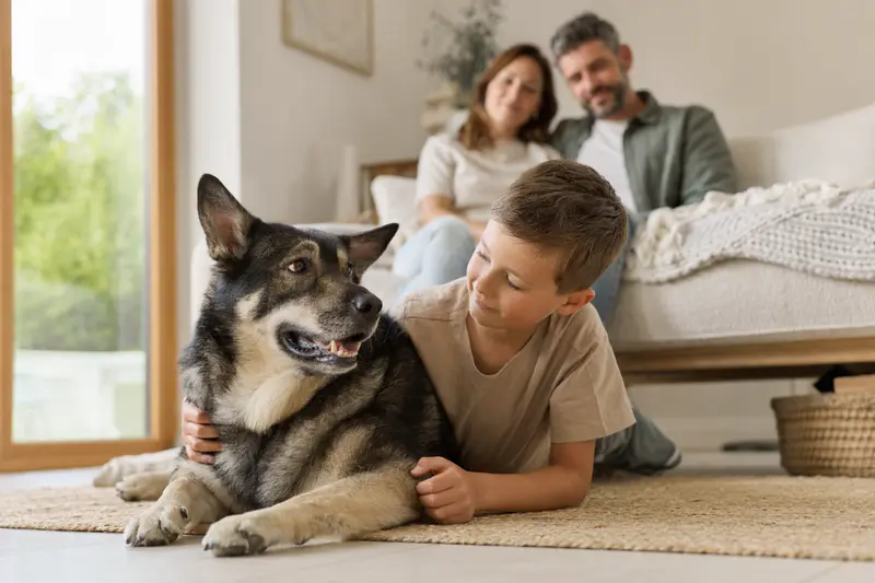 Ein freundlicher Jämthund liegt entspannt neben einem Kind im Wohnzimmer, während die Eltern im Hintergrund stehen und eine sichere Familienatmosphäre entsteht.