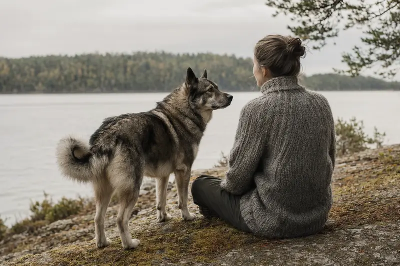 Aufmerksam stehender Jämthund in natürlicher Haltung vor hellem Hintergrund als realistisches Hundeportrait.