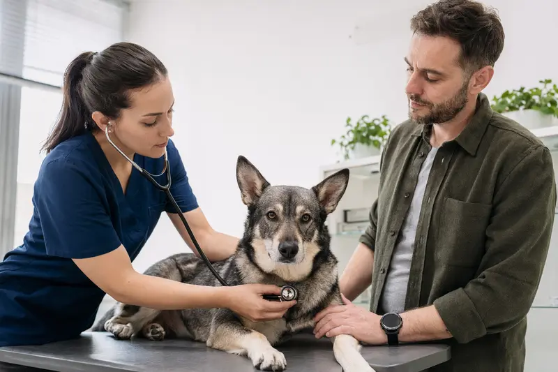 Ein Jämthund wird von einer freundlichen Tierärztin behutsam mit einem Stethoskop in einer modernen Praxis untersucht, während der Besitzer beruhigend daneben steht.