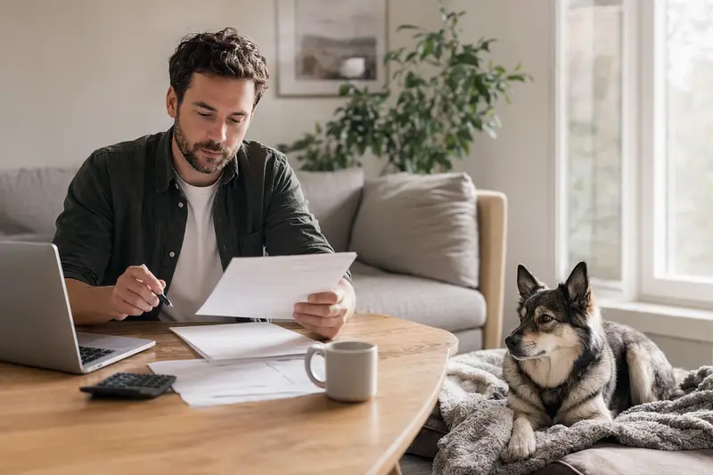 Ein Hundebesitzer sitzt mit einer Tierarztrechnung am Tisch, während ein entspannter Jämthund ruhig auf einer Decke daneben liegt.