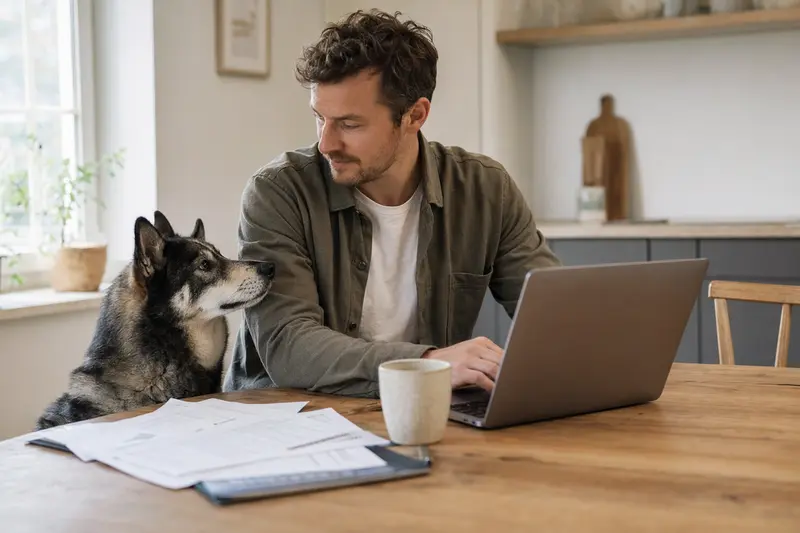 Ein ruhiger Jämthund sitzt neben seinem Besitzer am Küchentisch, auf dem Versicherungsunterlagen und ein Laptop liegen.