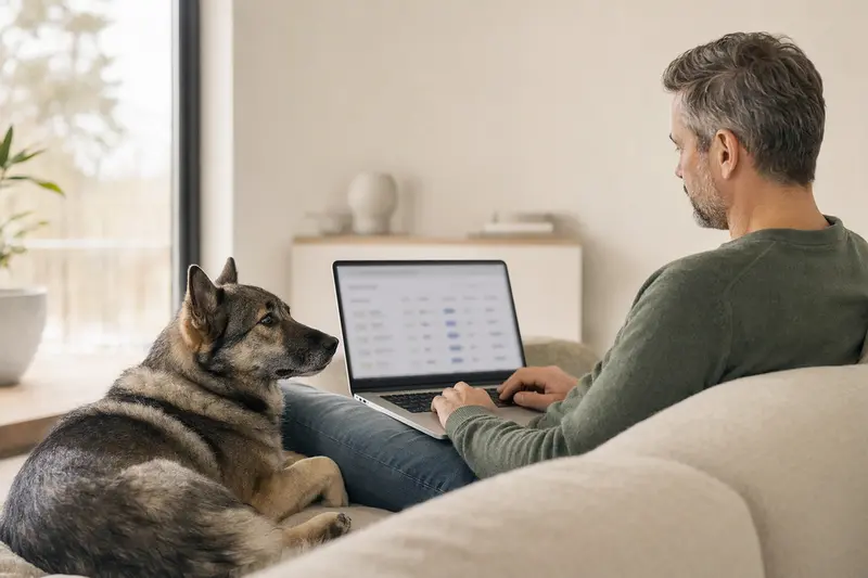 Ein Hundebesitzer nutzt einen Laptop auf dem Sofa, während ein Jämthund neben ihm sitzt, was für Sicherheit und einfache Entscheidungen bei der Tierkrankenversicherung steht.