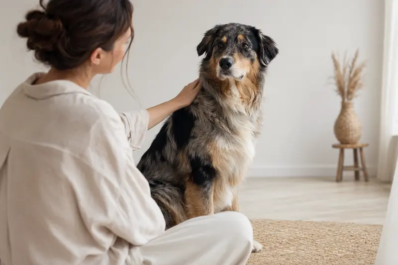 Jämtländer Hund steht aufmerksam in natürlicher Haltung vor hellem neutralem Hintergrund.
