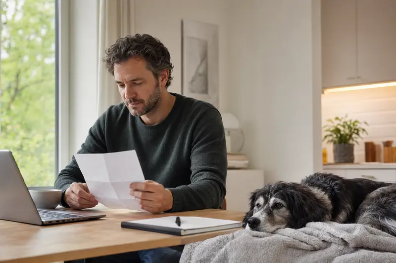 Ein Hundebesitzer sitzt mit einer Tierarztrechnung am Tisch, während ein entspannter Jämtländer Hund auf einer Decke liegt und das Thema Tierarztkosten für Hunde ruhig veranschaulicht.