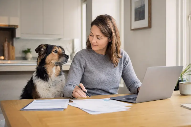 Ein Jämtländer Hund sitzt entspannt neben seinem Besitzer, während dieser am Küchentisch mit Versicherungsunterlagen und Laptop arbeitet.