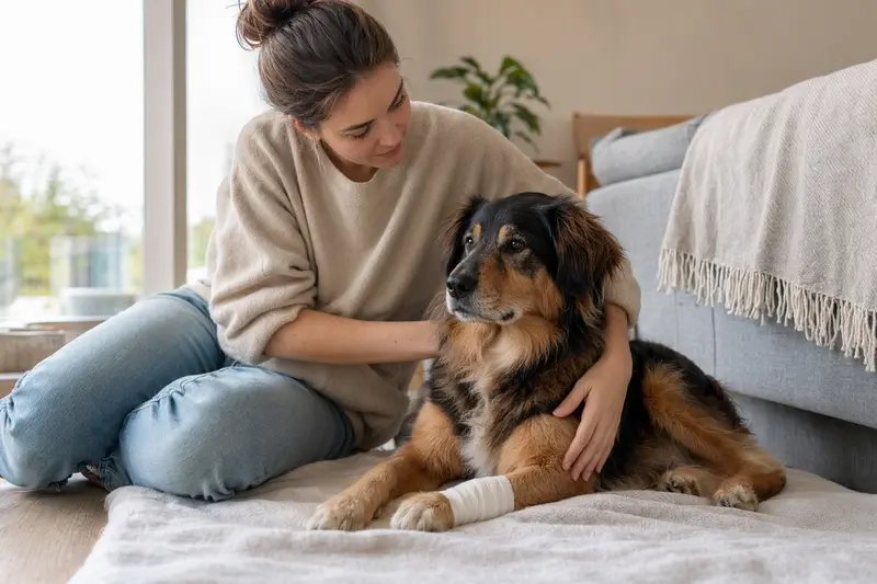 Ein Jämtländer Hund mit Verband an der Pfote liegt beruhigend auf einer Decke neben seinem erleichterten Besitzer.