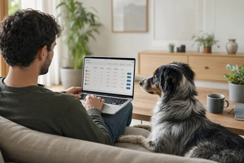 Ein Hundebesitzer arbeitet am Laptop auf dem Sofa, während sein Jämtländer Hund neben ihm sitzt und eine neutrale Versicherungsvergleichs-Seite angezeigt wird.