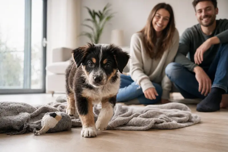 Ein neugieriger Jämtländer Welpe erkundet seine weiche Decke und Spielzeuge in einer hellen Wohnung, während eine liebevolle Familie im Hintergrund sichtbar ist.