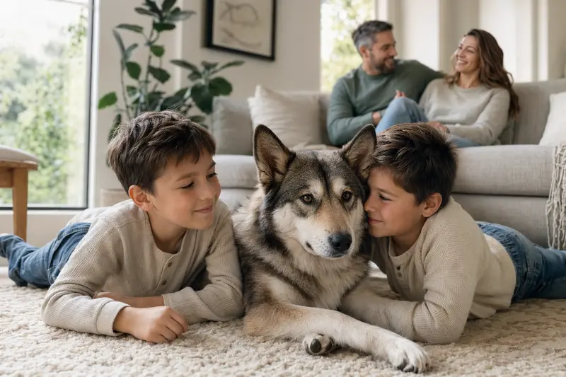 Ein freundlicher Jakutischer Laika liegt entspannt neben einem Kind im Wohnzimmer, während die Eltern im Hintergrund eine sichere Familienatmosphäre schaffen.