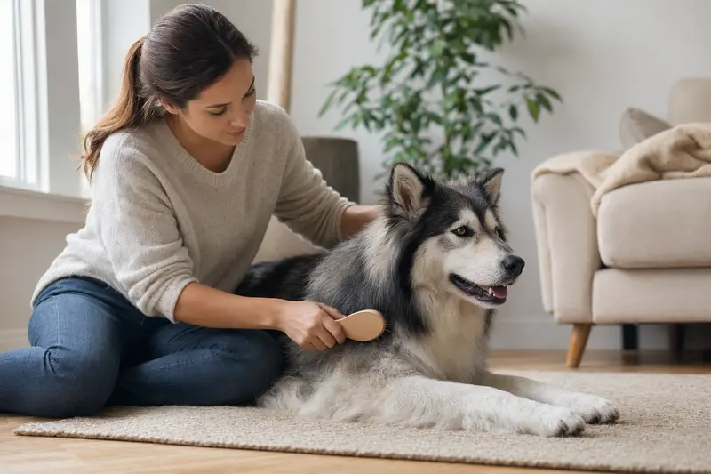 Ein Jakutische Laika wird in einer hellen Wohnung liebevoll gebürstet, während sich der Besitzer aufmerksam um die Fellpflege kümmert.