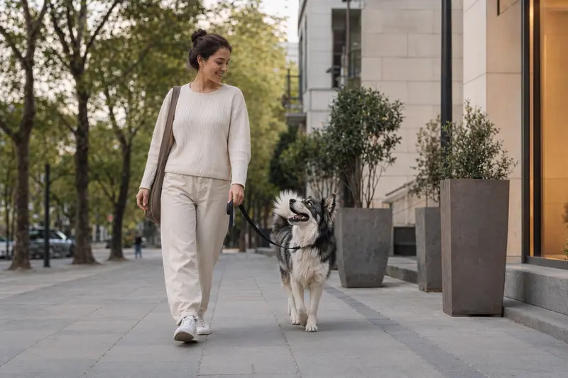 Ein Jakutischer Laika läuft an der Leine mit seinem Besitzer durch eine freundliche moderne Stadtstraße.