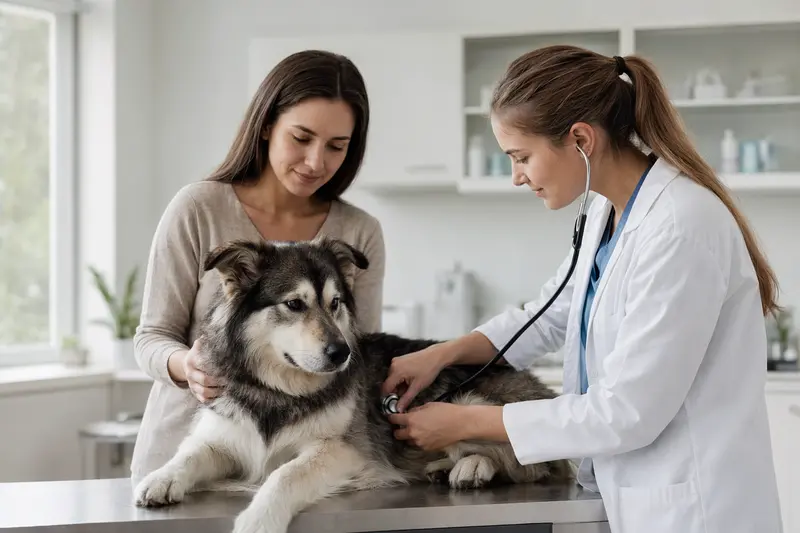 Eine freundliche Tierärztin untersucht behutsam einen ruhigen Jakutischen Laika Hund auf einem Untersuchungstisch.